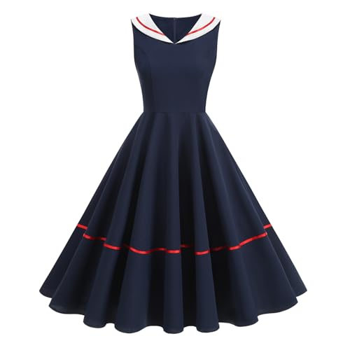 Odizli Rockabilly Kleider Damen 50er Jahre Vintage Elegant Sommer Ärmellos Sailor Kragen Knielang Petticoat Swing A-Linien Coctailkleid Festlich Hochzeit Gast Hochzeitsgäste Sommerkleid Blau M