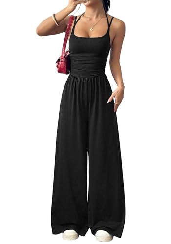 TFNOSIZE Damen Jumpsuit One Piece Outfit mit weitem Bein, Rückenfrei, Ärmellos, Spaghettiträger für Sommer, Urlaub, Freizeit Date