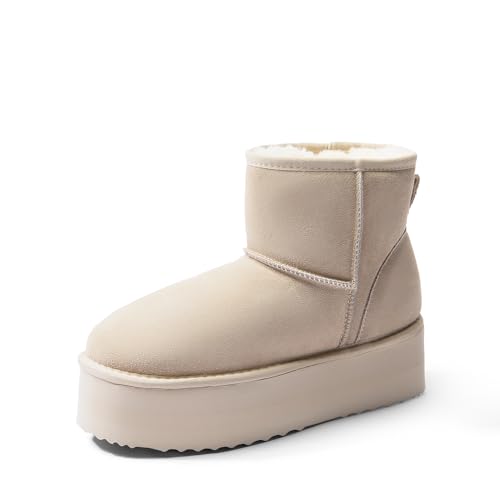 DREAM PAIRS Wildleder Klassische Plattformstiefel für Damen Wasserabweisende Winterstiefel Schneestiefel Gedächtnisschaum Rutschfest FuzzyClassic,Size 39,Sand,SDSB2428W