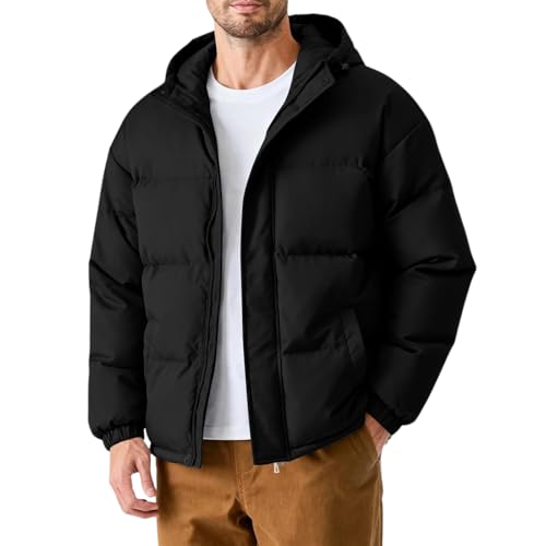 Puffer Jacke Herren Winterjacke mit Kapuze, Warme Dicke Gefütterte Winddichte Daunenjacke Steppjacke für Trekking Skifahren Outdoor Black M