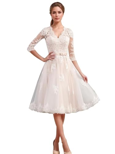 Beyonddress Langarm Brautkleider für Braut Tee Länge Spitze Applikationen Hochzeitskleid für Frauen Midi V-Ausschnitt Abendkleider C-Elfenbein,DE42