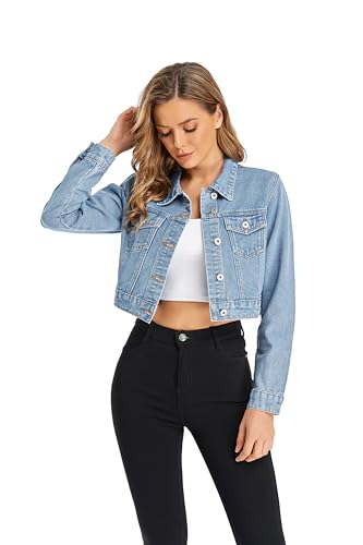 J.Corrine Jeansjacke Damen Dehnbar Langarm Kurze Denim Damen-Jeansjacke Jean Jacket Tailliert Button Up Vintage Trucker Jeansjacken Mit Taschen