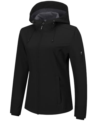 Outdoor Ventures Jacke Damen Wasserdichte Atmungsaktiv Softshelljacke - Übergangsjacke Winddichte Regenjacke Funktionsjacke mit Kapuze Schwarz M