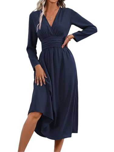 LIAMERHE Damen Langarm V-Ausschnitt Winterkleid Elegant Lang Kleider Herbst Freizeitkleider Plissee Hohe Taille Lässiges Kleid Boho Stil A-Linie Strandkleid Frühling Marineblau M