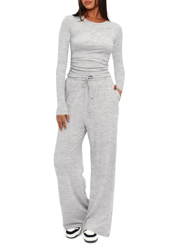 Darong 2-teiliges Damen-Set, Herbst-Outfits, langärmelig, weites Bein, Trainingsanzüge, lässig, Lounge-Set, passende Sets, Weiß-Grau (78,7 cm Schrittlänge), S
