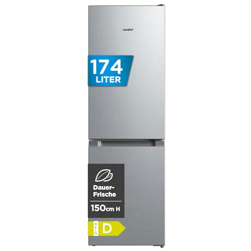 Comfee‘ Kühlschrank mit Gefrierfach RCB169DS3 | 174L Kühl-Gefrierkombination (115L Kühlteil + 59L Gefrierteil), 150 cm Höhe | 156 kWh/Jahr, Low Frost, Leise 38 dB | LED-Licht | Freistehend, Silber
