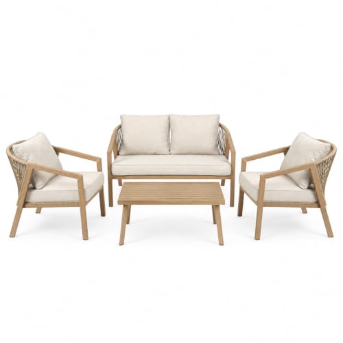 Koll Living Lounge-Set Amber | Outdoor Sitzgruppe mit Gartensofa, Gartensesseln & Tisch | Stahlgestellt in Holzoptik | Wetterfest & UV-beständig | Mix & Match Gartenlounge Beige/Braun
