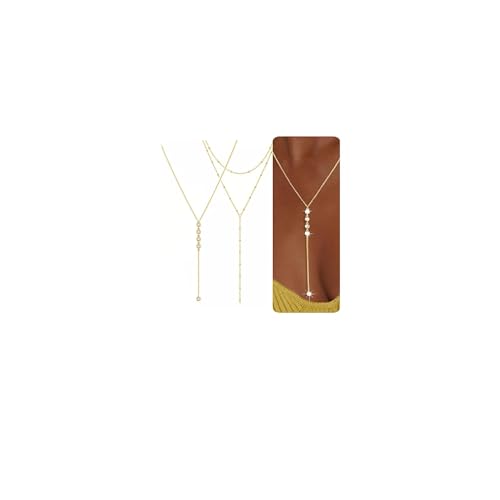 2 Stück Goldkette Damen Lang, Y Kette Gold 14k mit Zirkonia Anhänger, Lariat Halskette für Frauen, Schmuck für Frauen, Lange Kette Gold Layered, Halskette Damen Gol Lang, Geschenk für Frauen Mädchen