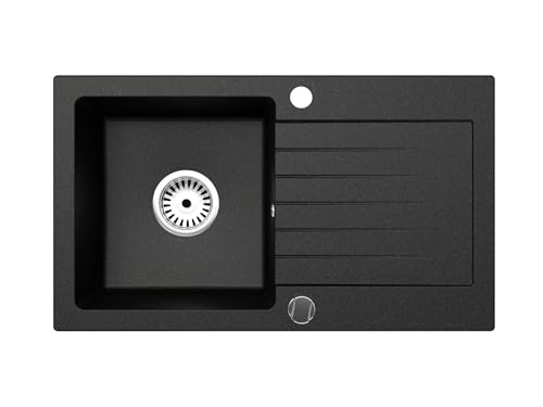 Faizee Möbel | Granitspüle 75x44 cm Schwarz | Hochwertige Küchenspüle & Einbauspüle | Kratzfestes & hitzebeständiges Spülbecken aus Granit | Eckige Spüle für Unterschränke ab 45 cm | Inkl. Siphon-Set
