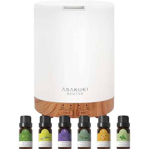 ASAKUKI Aroma Diffuser mit Ätherische Öle Set, 300ml Aromatherapie Luftbefeuchter mit 6 * 10ML Öle Set, 14 LED-Farben & automatischer Abschaltung -Geschenk