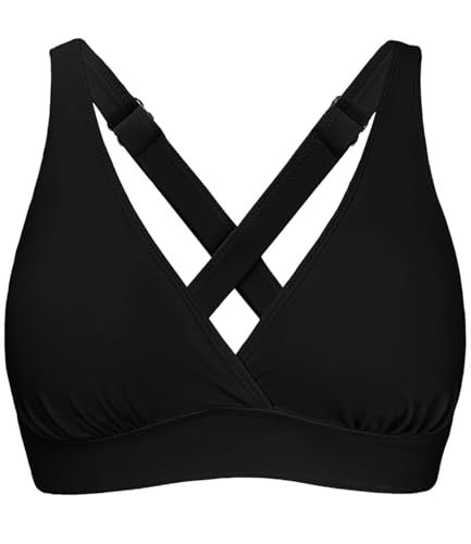 Amy Babe Sportliches Damen-Bikinioberteil, verstellbare breite Träger, große Brust, überkreuzter Rücken, stützender Badeanzug, nur Oberteil, Schwarz, Large
