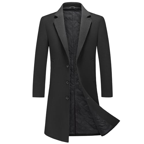 MODFUL Herren Langer Wollmantel mit Kerbkragen Warmer Wintermantel Lässiger Peacoat Slim Fit (Schwarz, XL)