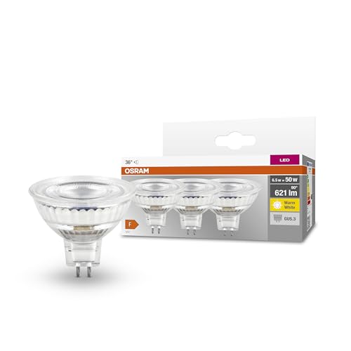 Osram LED-Reflektorlampen MR16 mit Retrofit-Stecksockel, 50 Watts Ersatz, GU5.3, MR16 reflector, 2700 Kelvin, Warm weiß, Klares Glas, 3-er Pack