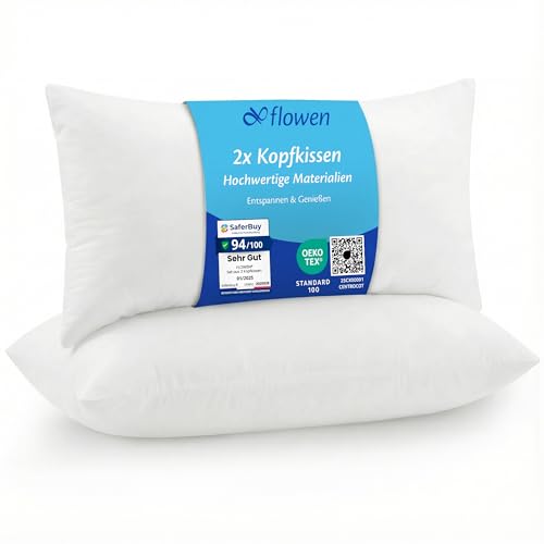 Flowen Kopfkissen 40x80 cm Kissen für Bett 40 x 80 2er Set Bettkissen Hypoallergene Anti-Milben Weiche Kissenfüllung mit Weicher Gesteppter Kopfkissenbezug 100% Polyester Schlafkissen