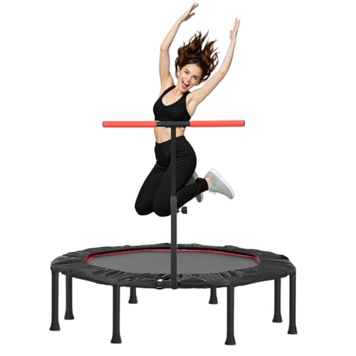 LIFERUN Mini Trampolin Indoor Erwachsene Ø128cm, Fitness Trampoline Klein,Jump Rebounder Workout,Tragfähigkeit 150kg,Stabiler Leise Gummiseilfederung,Höhenverstellbaren Griffen,Zuhause, Rot