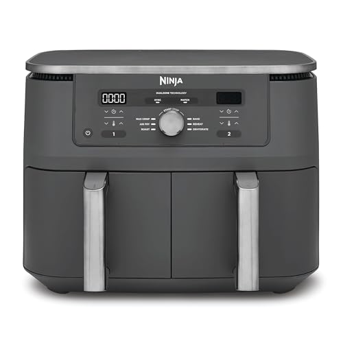 Ninja Dual Zone Digital Air Fryer, 2 Schubladen, 6-in-1, Heißluftfritteuse, 9,5L, Heißluft-Frittieren, Max Crisp, Rösten, Backen, Aufwärmen, Spülmaschinenfeste Körbe, Metallic Grau DZ400EU
