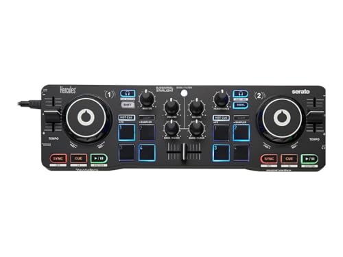 Hercules DJControl Starlight – Ultrakompakter 2-Deck USB-DJ-Controller mit Serato DJ Lite – Integrierte Soundkarte, 8 Performance-Pads & RGB-Beleuchtung – Für PC & Mac