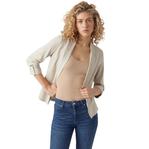 VERO MODA Damen Legeres Blazer Jackett mit Dreiviertel Arm Leichter Sakko Eleganter Business Shacket, Farben:Beige-2, Größe:M