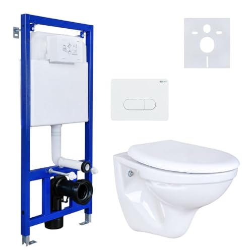 Belvit Hänge WC Komplettset - Basic Vorwandelement + Wand Toilette Weiß Tiefspüler mit Toilettendeckel mit Absenkautomatik + Betätigungsplatte + Schallschutz