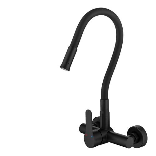 BAITUJIE Küchenarmatur Wandmontage, Küchenarmatur mit 360° Flexibler Auslauf, Mischbatterie mit 2 Strahlmodi, Mattschwarz