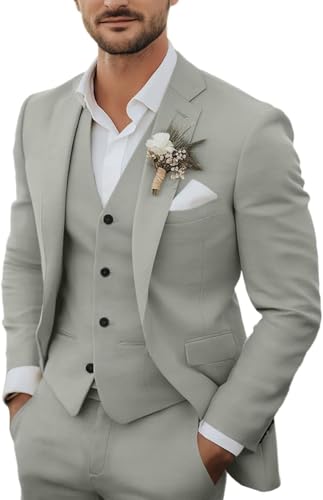 3-teiliges Herren-Anzug-Set aus Leinen, lässig, leicht, Blazer, Jacken, Westen, Hosen, Set für Hochzeit, Business, Abschlussball, Anzug, Hellgrau, L