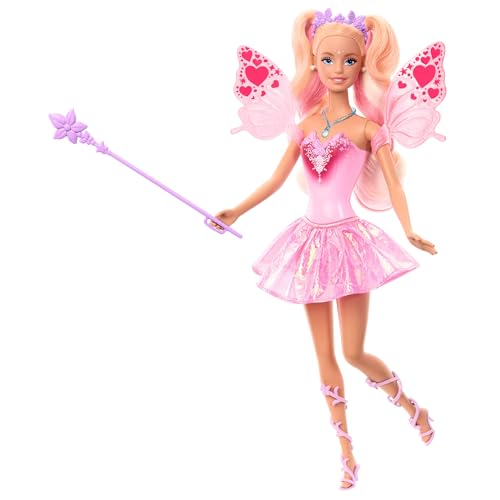 Barbie Fantasy Feenpuppe mit Farbwechsel Flügeln und Outfit, Spielzeugzauberstab mit und Mode Accessoires, JCP76