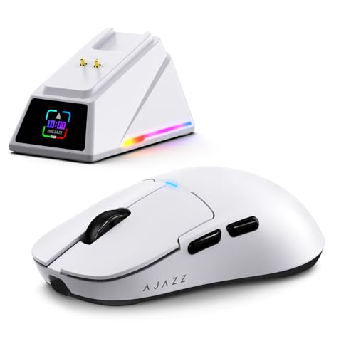 FREEWOLF x A.Jazz AJ159P MC PRO Kabellose Gaming-Maus, Magnetische Ladestation mit TFT-Display, 57g Ultra-Leicht, PAW3311 Sensor, 24000 DPI, BT/2,4G/USB-C, 20 Mio. Klicks, für PC/MAC (Weiß)