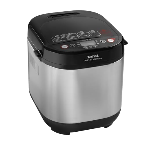 Tefal Brotbackautomat Pain & Délices, 20 Backprogramme, 3 Brotgrößen und Bräunungsstufen einstellbar, auch für Kuchen - Pizza - Nudelteig, Backform antihaftbeschichtet, schwarz/Edelstahl, PF240E