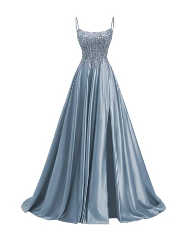 TANPAUL Glitzer Satin Ballkleider Damen Lang,Perlen A-Linien Abendkleider für Damen Spitzenapplikationen Korsett Brautjungfernkleider Abiballkleider