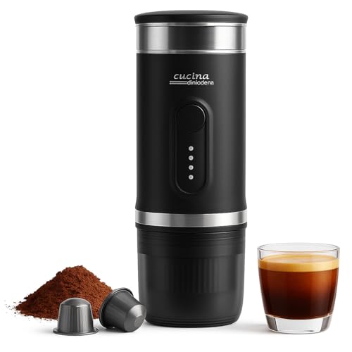 Cucina di Modena Espressomaker: Mobile Akku-Espressomaschine mit Wasserkocher, auch für Kapseln, 15bar (Mini-Espresso-Maker, Kapsel Kaffeemaschine, Maschine)