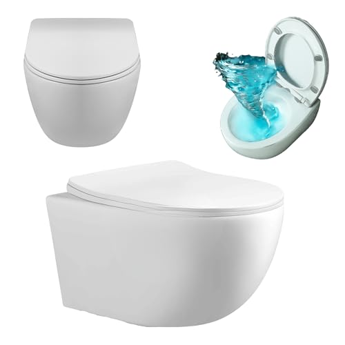 AquaUno Hänge WC spülrandlos Tornado Flush 360° - Rimless Toilette weiß aus Sanitärkeramik, leise Spülung, Soft-Close & Quick-Release Duroplast Sitz, inkl. Montageset - Modell VELA TORNADO WHITE