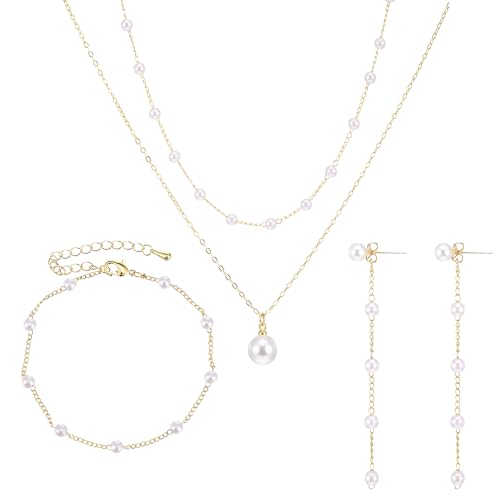 HaiFafafaing Gold Schmuck Set 14K Vergoldetes Perlen Schmuck Set Perlenohrringe Armband Perlen Schmuckset Damen, Perlenkette Halskette Armband für Hochzeit, Brautjungfern, Abschlussball