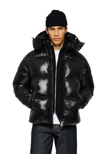 Burocs Hooded Puffer Jacket - Black Glossy - Oversized Herrenjacke - abnehmbare Kapuze - Reißverschluss - Innentasche, Größe:M, Farbe:Black Glossy