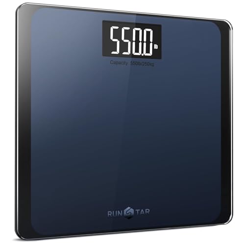 RunSTAR Digitale Personenwaage, hochpräzise Sensoren, 8 mm Sicherheitsglas, Tragkraft bis 250 kg, mit extragroßer Trittfläche und großem LCD-Display, Step-on-Technologie, blau-schwarz