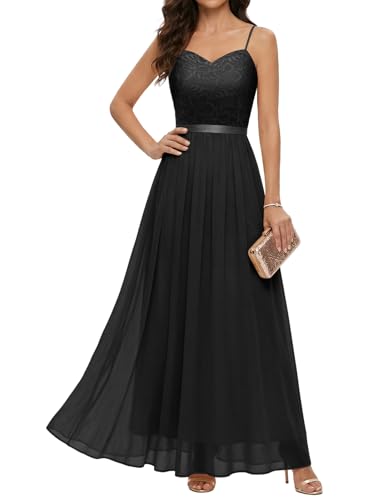 DRESSTELLS Abendkleider Elegant für Hochzeit Schwarz Festlich Ballkleid Damen Lang Brautkleid Standesamt Brautjungfernkleider mit Spaghettiträger Jugendweihe Kleider Black L