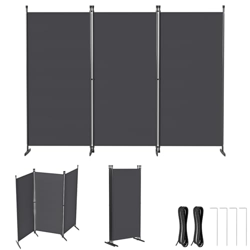 Froadp Paravent Raumteiler 3 Teilig 240x180cm Faltbarer Raumtrenner Flexible Stellwand Sichtschutz mit Erdnägeln und Seilen Freistehend Trennwand für Wohnzimmer Büros Balkon Garten, Dunkelgrau