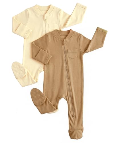 JiAmy Baumwolle Baby Schlafanzug 2er-Pack, Langarm Neugeborene Baby Jungen Mädchen Strampler Babykleidung Bekleidung Beige-Khaki 0-3 Monate