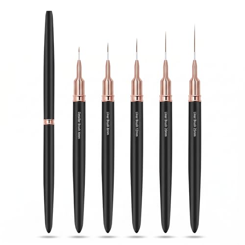Nagelkunstpinsel, 5 Stück Nagelkunst Liner Pinsel, Malerei Kunst Design Pinselset Nagelpunktier-Zeichenwerkzeug für lange Linien, dünne Details, feines Zeichnen in den Größen 6/9/12/15/18 mm, Schwarz