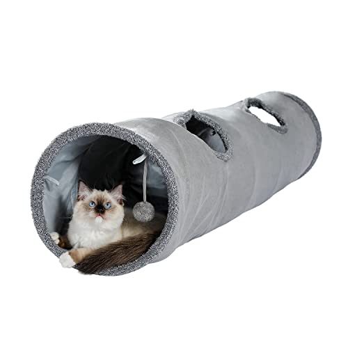 PAWZ Road Schön Faltbar Katzentunnel Katzenspielzeug mit Ball, Rascheltunnel, Spieltunnel für Katzen, 130cm x 30cm, Kaninchen Spielzeug, Grau Tunnel für Wohnungskatzen