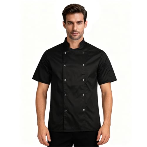 BWOLF Nozomi Kochjacke Unisex Kochjacke Damen Kochjacke Herren Schwarz/Weiss Kochkleidung Professional Chef Uniform Kurzarm (Schwarz1, XL)