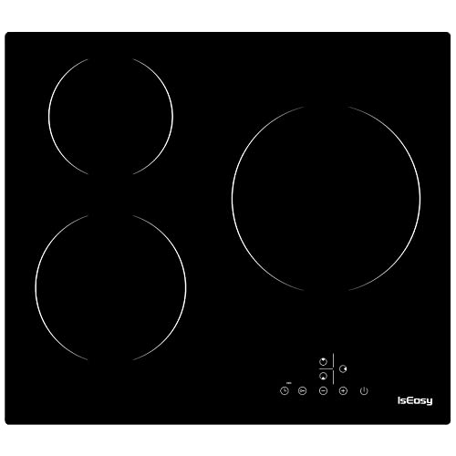 Glaskeramikkochfeld, IsEasy Glaskeramikkochfeld 3 platten, 60cm 5500W, Kochfeld mit 3 Kochzonen, Elektro Autark Eingebaut Keramikkochfeld, 9 Heizstufen, Timer, Kindersicherung, Kein Stecker