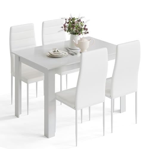 Mondeer Esstisch mit 4 Stühlen Set, Essgruppe mit Hochlehner Kunstleder Stuhl für Küche Esszimmer Wohnzimmer, W120 x D90 x H75 cm, Weiß