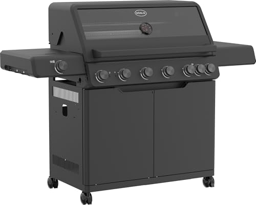 RÖSLE Gasgrill ALLFLAME Hero 6 – 6 Brenner (je 3,5 kW), PRIMEZONE, BACKBURNER, 92,5x45 cm Grillfläche, Gusseisenroste, Alu-Druckguss, Deckel mit Glaseinsatz, beleuchtete Drehknöpfe, schwarz