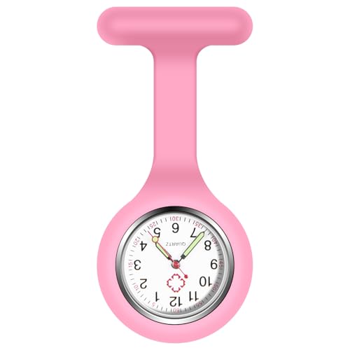 Vicloon Krankenschwester Uhren,Schwesternuhren mit Clip, Dehnbare Silikon Hülle, um Bruch zu Verhindern, Glow Pointer, Quarzwerk, Ansteckuhr für Krankenschwestern und Ärzte(Rosa)