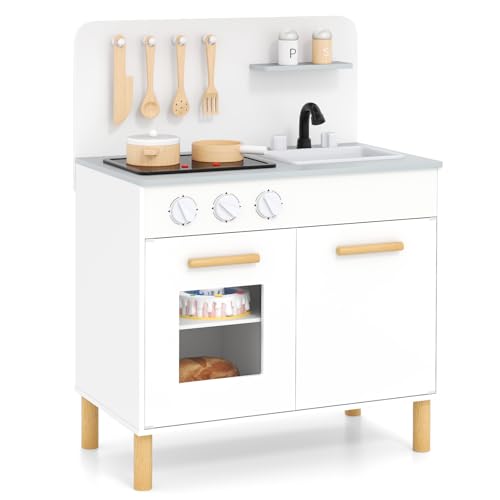 COSTWAY Kinderküche mit 10 Zubehör, Spielküche Holz mit Licht und Sound, Spielzeugküche mit Herd & Spüle & Backofen, Holzküche für Kinder ab 2 Jahren (Weiß)