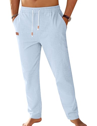 TARAINYA Baumwolle Leinenhose Herren Sommerhose Herren mit Kordelzug und Taschen für leichte Sommerfrische C Himmelblau L
