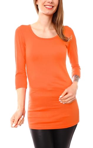 Easy Young Fashion - Damen Basic 3/4 Arm T-Shirt Rundhals - langes Unterziehshirt - Longshirt Skinny Fit 1098 - Orange M/L