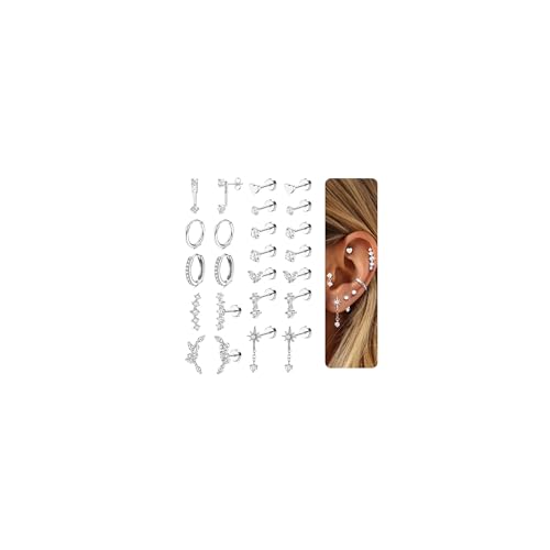 Adramata 12 Paar Ohrringe Gold Set Hypoallergen Chirurgenstahl Ohrringe für Damen Klein Ohrring Creolen Flatback Medizinische Ohrstecker Set Gold Silber Knorpel Conch Tragus Helix Piercing