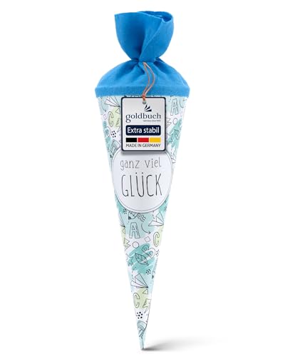 goldbuch 93 216 Geschwistertüte ganz viel Glück, Schultüte mit Skizzen-Muster, Lackkarton, Geschenkverpackung mit blauem Filzverschluss (ohne Verschlussband), Zuckertüte rund, Länge 35 cm, Ø 11,5 cm