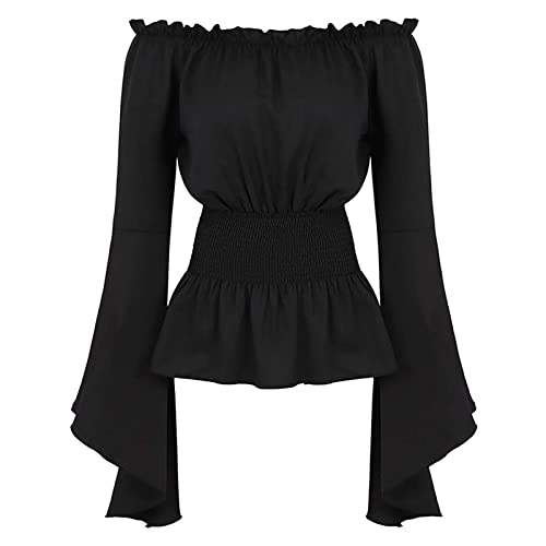 Mittelalter Oberteile Damen Schulterfrei Gothic Bluse Damen Elegant Langarmshirt Damen Piratenoberteil Rüschen Tunika Tops für Halloween Kostüm Karneval Viktorian Palast Piraten Cosplay Kleidung